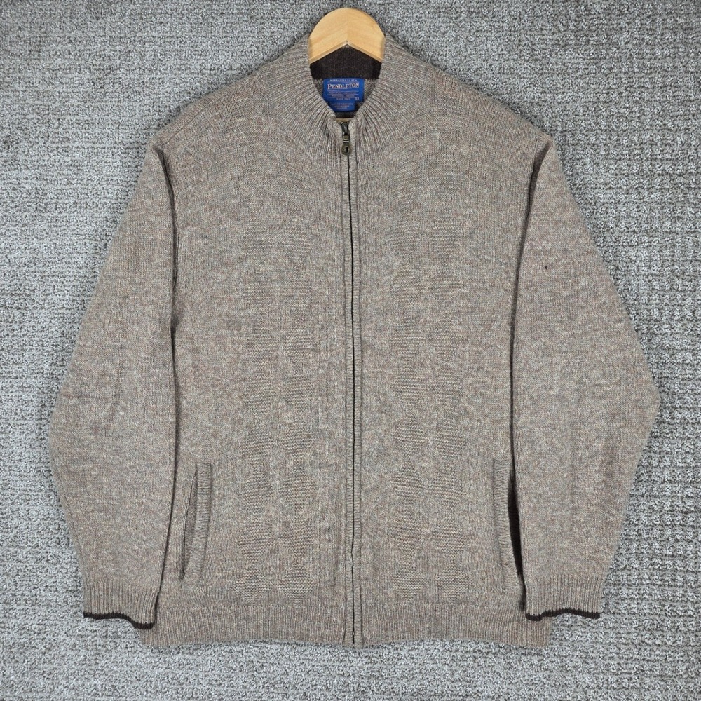 Pendleton Mens Large Brown Shetland Washable Wool Full Zip Mock Cardigan Sweater